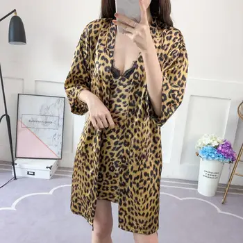 

FZSLCYIYI Women Sexy Lace Leopard Kimono Bathrobe Wedding Bride Bridesmaid Robes Nightwear Female Sleepwear Pajamas
