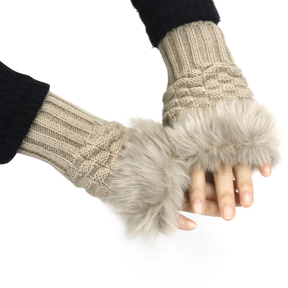 Beige Однотонные вязаные женские перчатки для девушек, сохраняющие тепло, зимние перчатки Guante из искусственного кроличьего меха на запястье, женские перчатки на полпальца, варежки с ворсом - Цвет: Beige