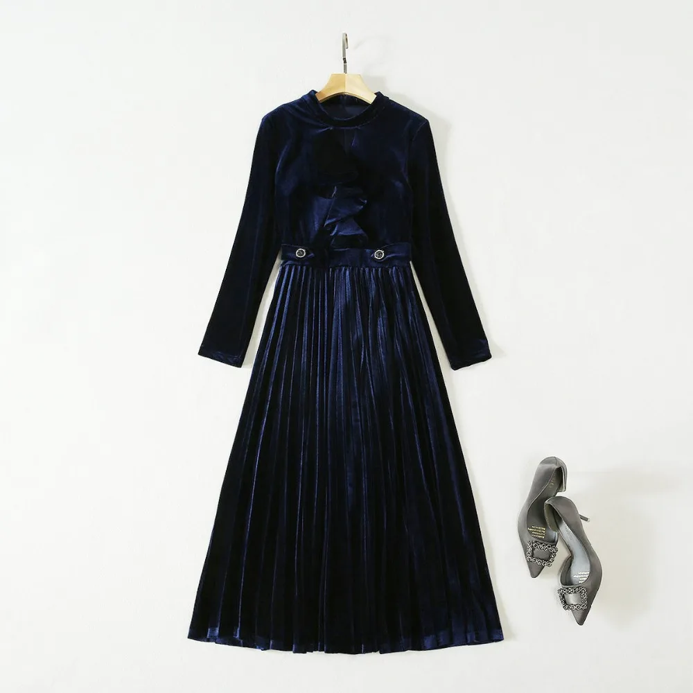 Autumn Runway Designer High End Women Velvet Dress Pure Color Stand Collar Ruffled Long Sleeve Pleated Dress 2 Colors