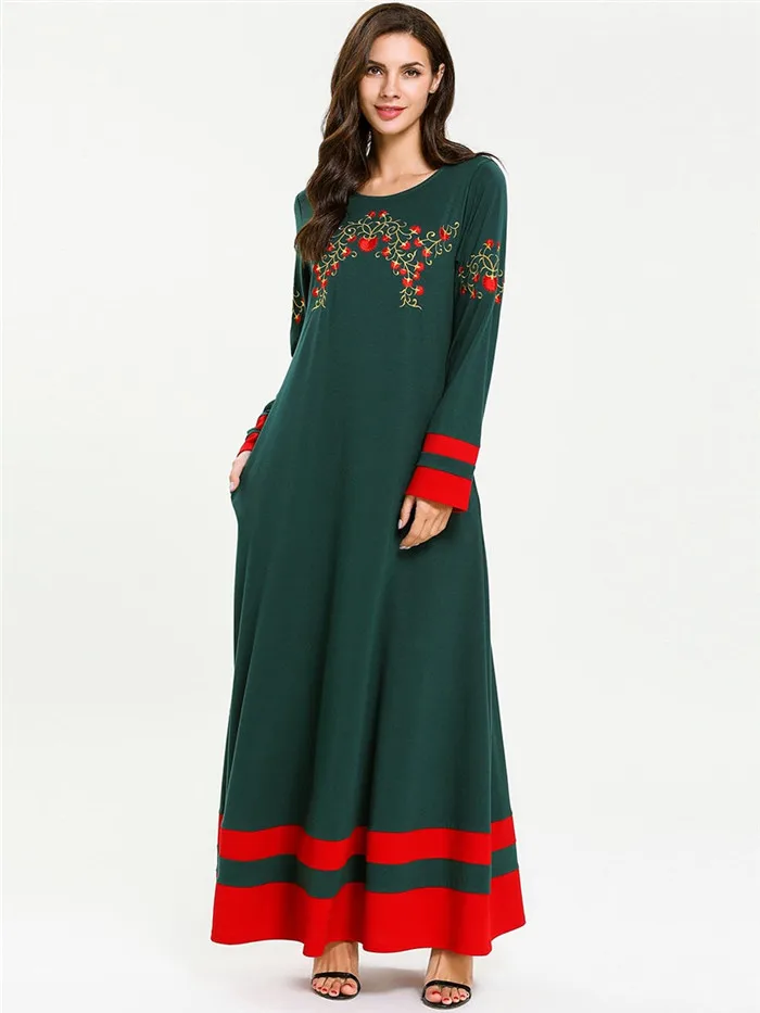 Арабское длинное платье с вышивкой размера плюс, элегантное платье с круглым вырезом и длинным рукавом, модное Платье макси с цветными блоками, Драпированное платье, новинка