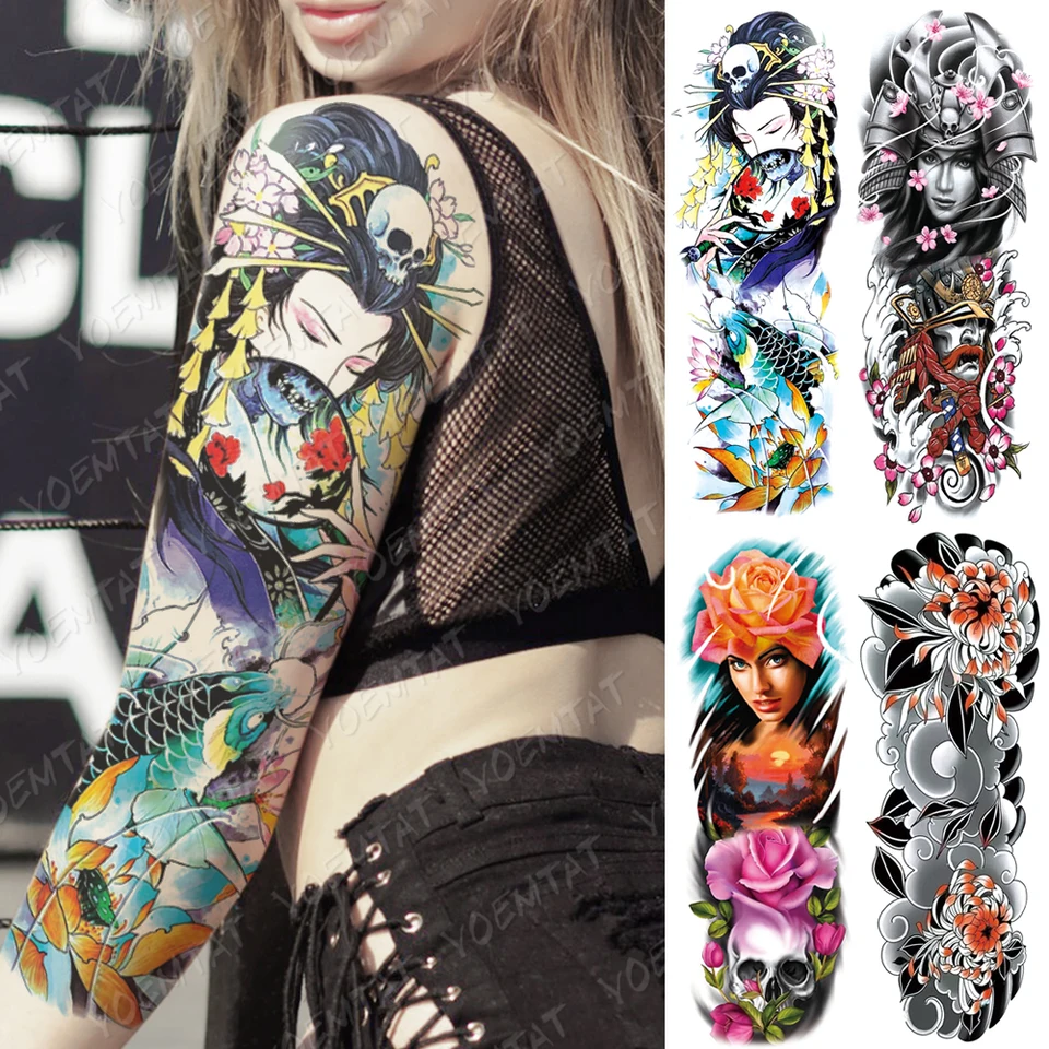 Large Arm Sleeve Tattoo Japanese Geisha Waterproof Temporary