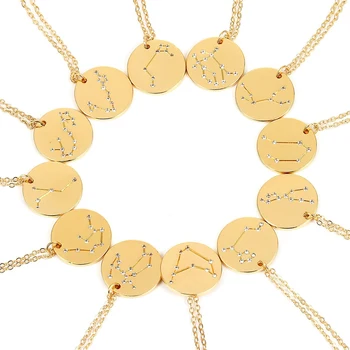 

12 Zodiac Constellation Pendant Necklace Rhinestone Disc Horoscope Galaxy Choker Necklace Women Girls Party Birthday Jewelry