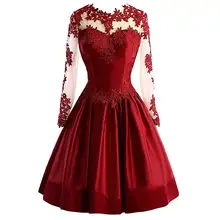 Лидер продаж Иллюзия бордовый короткое платье для выпускного вечера кружева с длинными рукавами сексуальное Нарядные платья для девочек Лидер продаж свадебные платья черного цвета