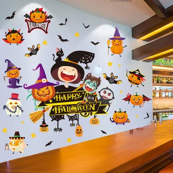 

[shijuekongjian] Halloween Glass Stickers Demons Bats Pumpkin Wall Decals for Living Room Festival Decoration Accessories
