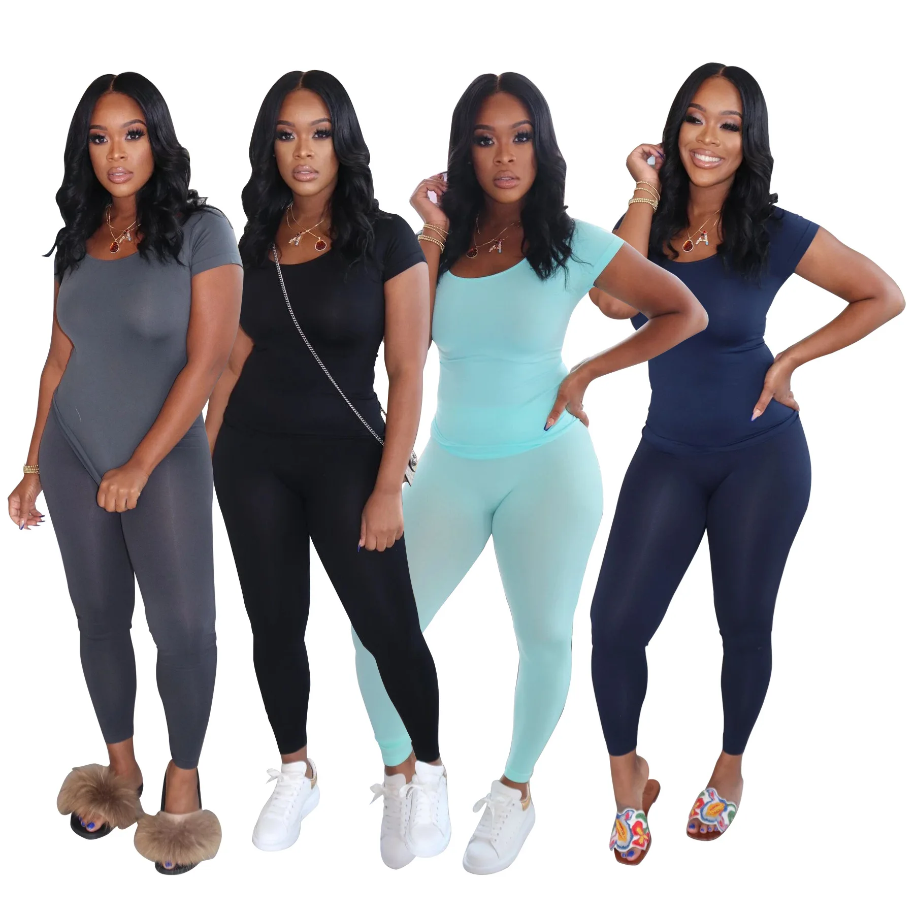 

2020 New Women's Suit European and American Ladies's Clothes Hot Selling Solid Color Slim T-shirt Trousers Two-Piece Set