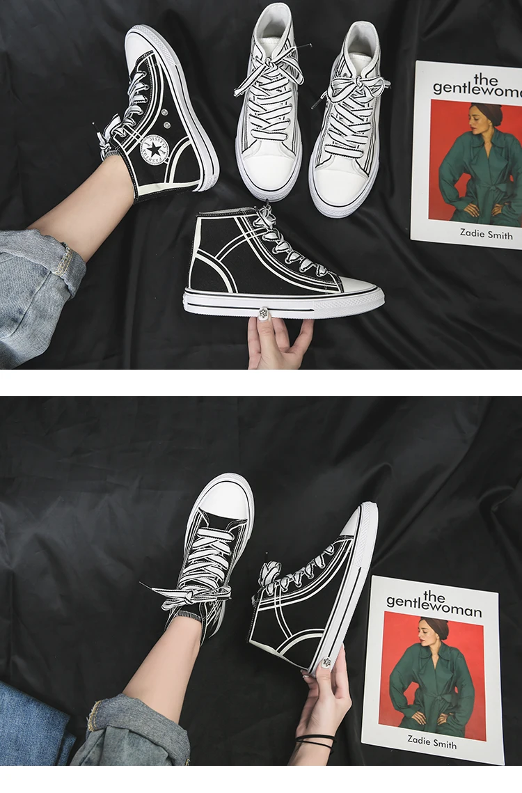 White Women High-top Canvas Shoes Black Comfortable Sneakers Vulcanize Casual Shoes Chaussure Lace-up Ladies Trainers Footwear