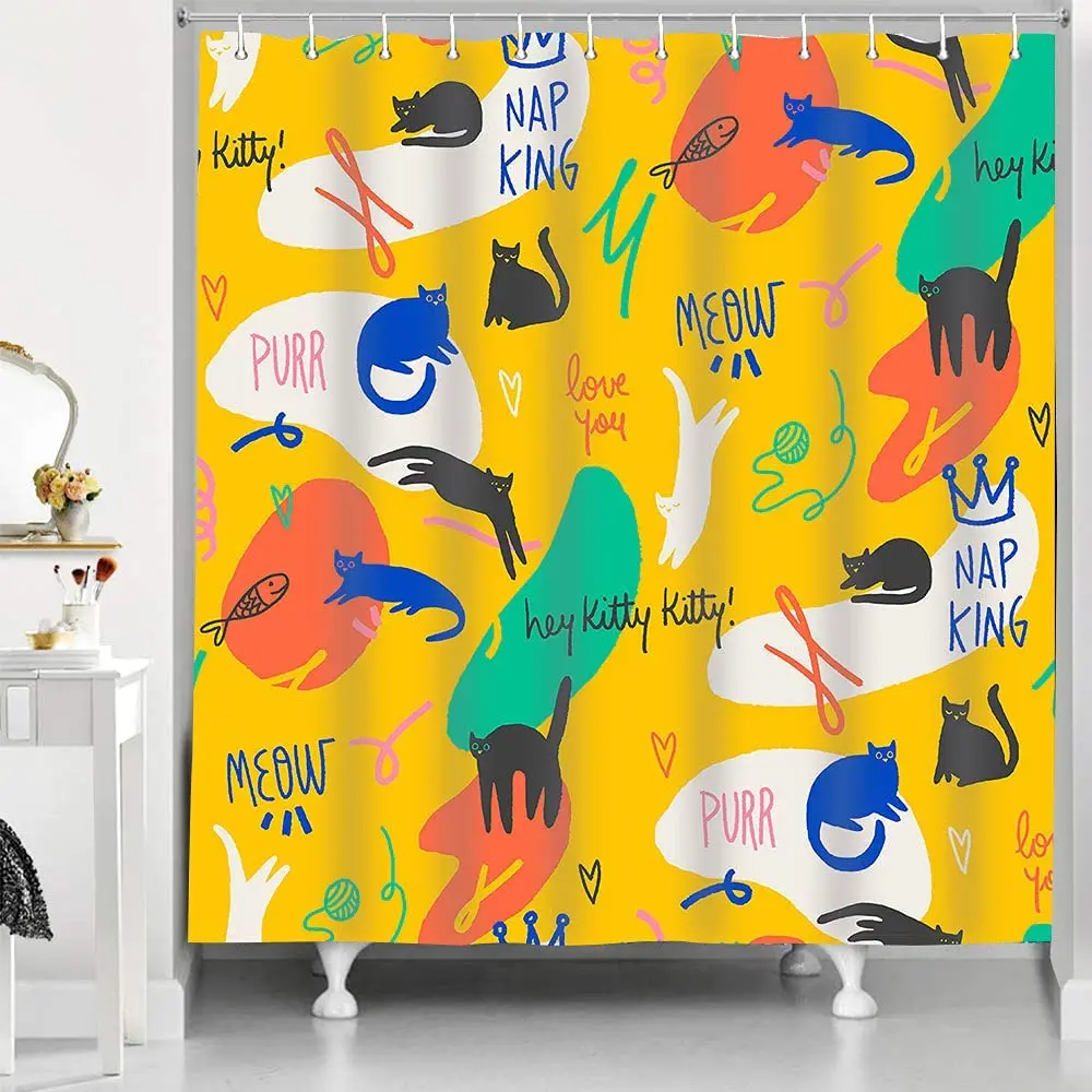 

Hippie Cat Shower Curtain Waterproof Fabric Bath Curtains Cute Naughty Cat Silhouette Bathtub Screen with Hooks Bathroom Decor