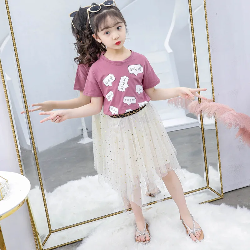 

Girls Summer Set 2019 New Style Korean-style Children Big Boy Short Sleeve T-shirt Mesh Dress Two-Piece Set Summer Wear