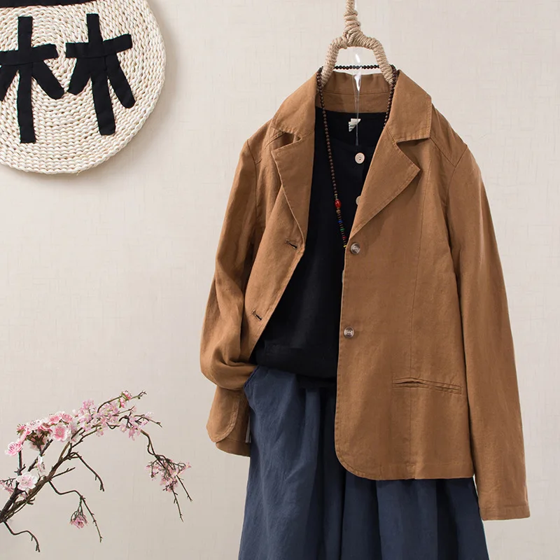 

2019 Spring And Autumn New Products Retro Flax Small Suit Women's Two-Button Cotton Linen Casual Cardigan Short Jacket