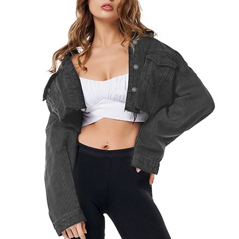

LITTHING New Drop Shoulder Long Sleeve Frayed Hem Ripped Crop Denim Jacket Women High Street Single Breasted Solid Short Jackets