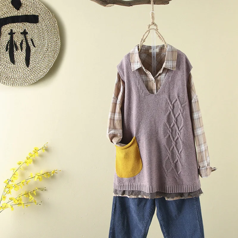 

New Style Pocket Sleeveless Knitted Vest Waistcoat Loose-Fit Simple V-neck Joint Elegant Sweater Waistcoat WOMEN'S Dress