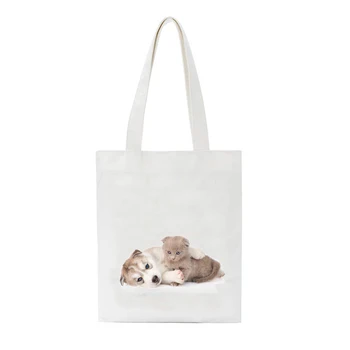 

SCCFMM Dog Panda Cat Canvas Women Shoulder Bags Female Student Eco Handbag Tote Grocery Reusable Foldable Shopping Shopper Bag