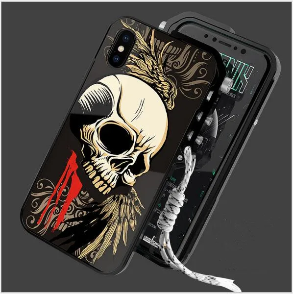 

Metal Frame Phone Case for Iphone Xs 8 Plus Case Cool Skulls Pattern for Xiaomi 8 OPPO R15 Vivo Back Plate Protection Cover