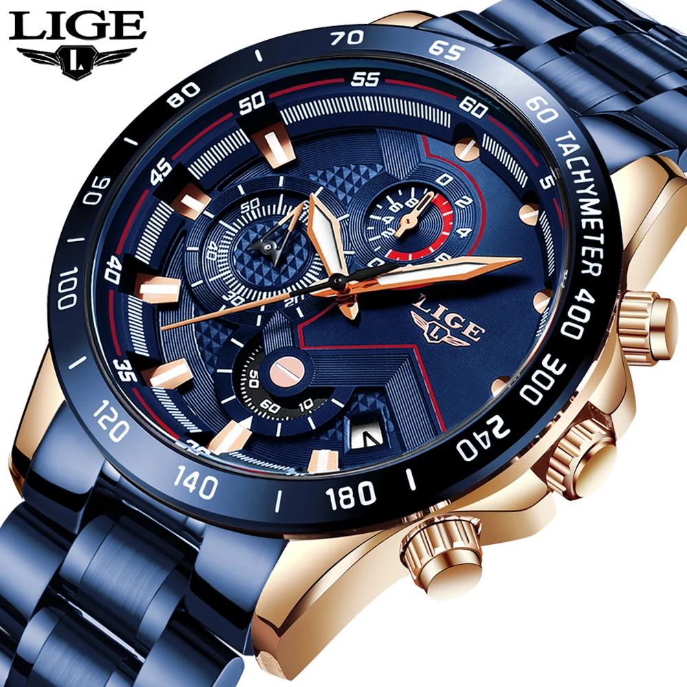 $23.99 New Lige Mens Watches Fashion Blue Chronograph Sport Quartz Watch Men Luxury Stainless Steel Waterp