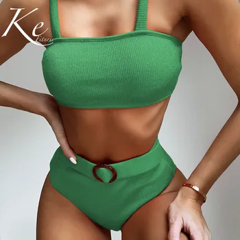 

KE 2020 New Bikini Knitted Swimsuit Lady Split Swimwear high waist green orange with belt