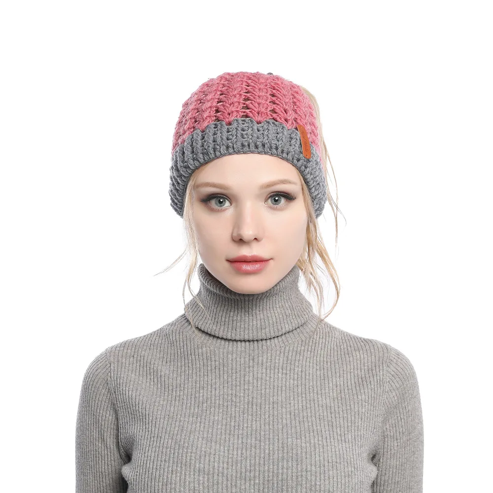 Europe, America, autumn and winter, new, matching, hole, cap, cap, empty top, knitted wool cap, ponytail cap, warm hat