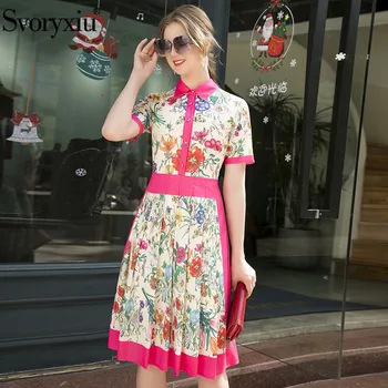 

Svoryxiu 2020 New Runway Designer Summer Pleated Midi Dress Women's Short Sleeve Butterfly Flower Print Slim Dresses Vestdios
