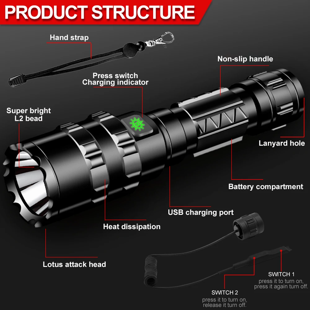 Tactical Flashlight High Lumen L2 LED Light Red/Green/White Waterproof Torch with as Outdoor Hunting Shooting Flashlight