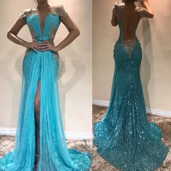 

Vestidos De Gala Sexy Backless Empire Long Prom Dresses Charming Cap Sleeve Mermaid Prom Gown Split Evening Party Dresses