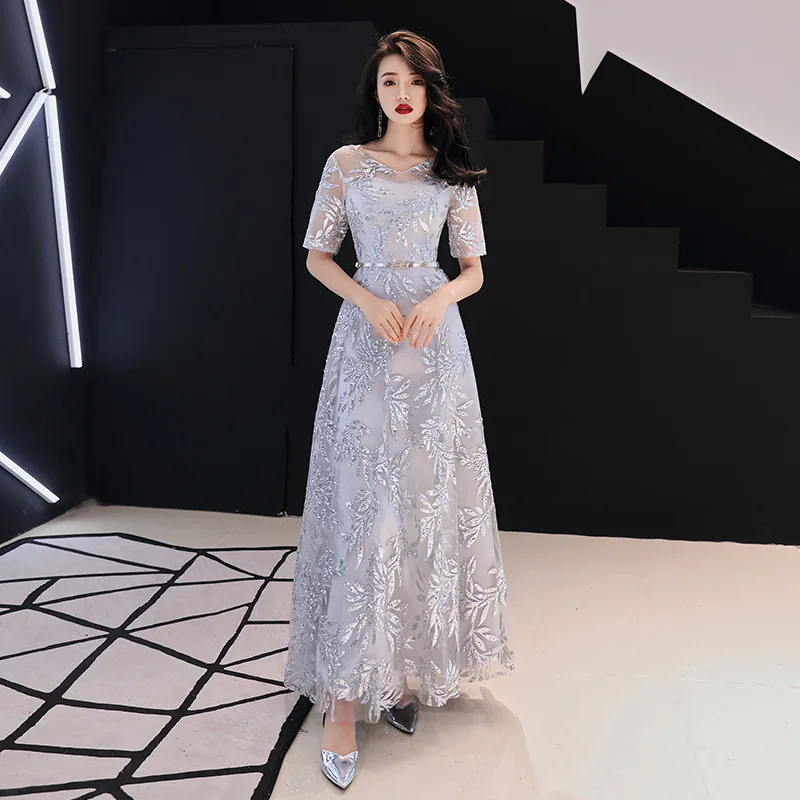 

It's Yiiya Sequined Evening Dress Silver Gray O-neck Formal Evening Dresses Long V-Neck Formal Vestido Robe De Soiree K225