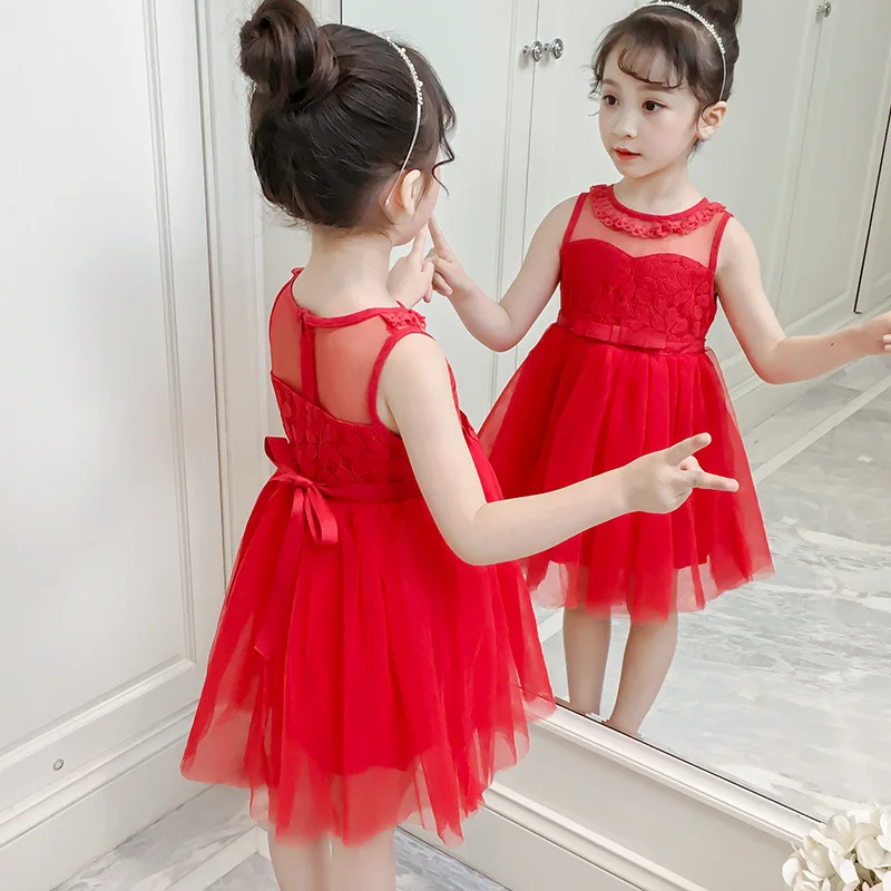 

Girls 2019 Summer Wear New Style Sleeveless Vest Lace Dress Red CHILDREN'S DAY Performance Formal Dress Princess Veil Mesh Dress