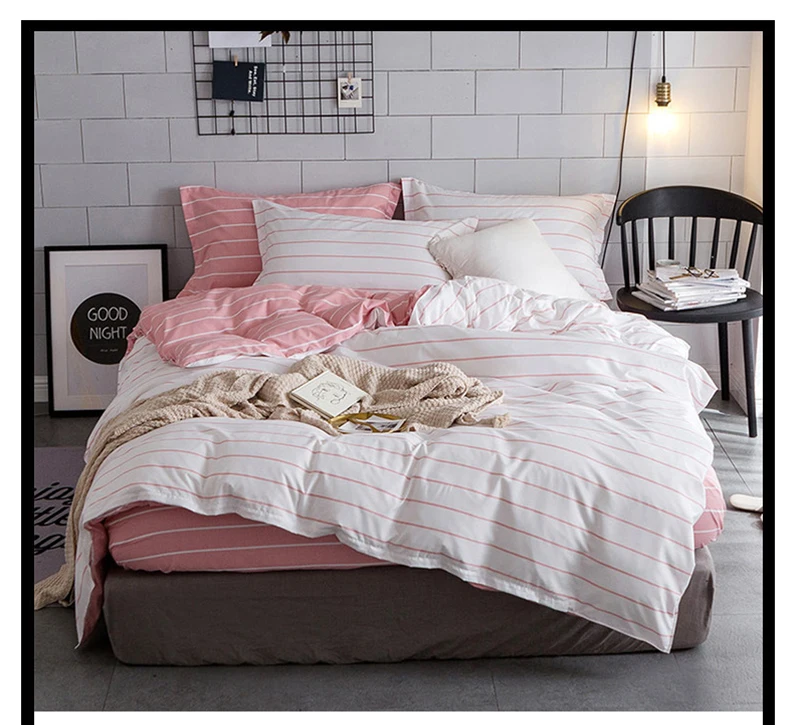 Простой комплект постельного белья для девочек, размер King queen, комплект из 4 предметов, домашний текстиль, постельное белье, пододеяльник, розовый, белый, в полоску, одеяла, комплекты постельного белья для девочек