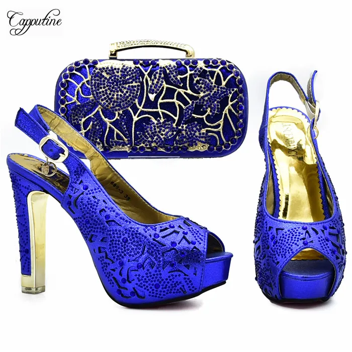 

Popular royal blue with stones party high heel sandal shoes with purse bag set pretty pumps with handbag XY14, heel height 12cm