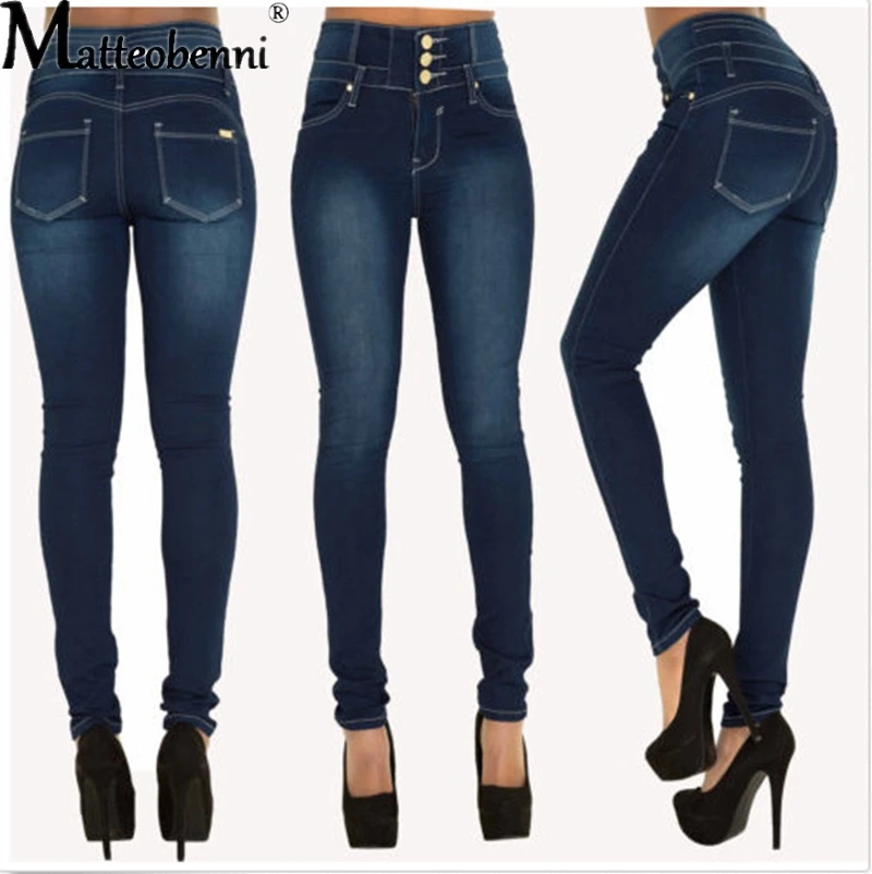 Jeans jeans skinny de cintura alta para mulheres, calças lápis stretch finas, moda casual para senhoras, outono e inverno