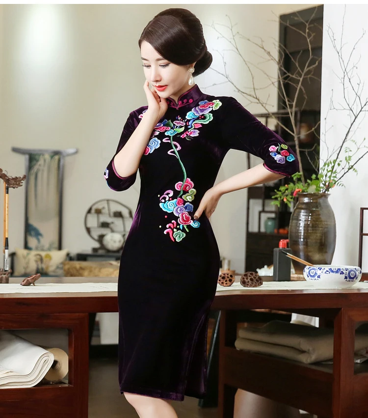 Рукав три четверти, Мини Cheongsam Китайский для женщин вышивка цветок сексуальный плотный Qipao традиционное вечернее платье Тонкий Vestidos