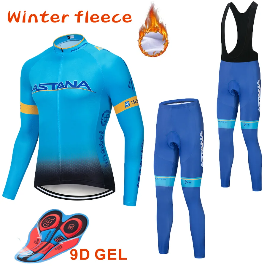 

2019 BLUE ASTANA TEAM winter thermal fleece Cycling JERSEY Bike Pants set Men's Ropa Ciclismo 9D cycling Maillot Culotte wear