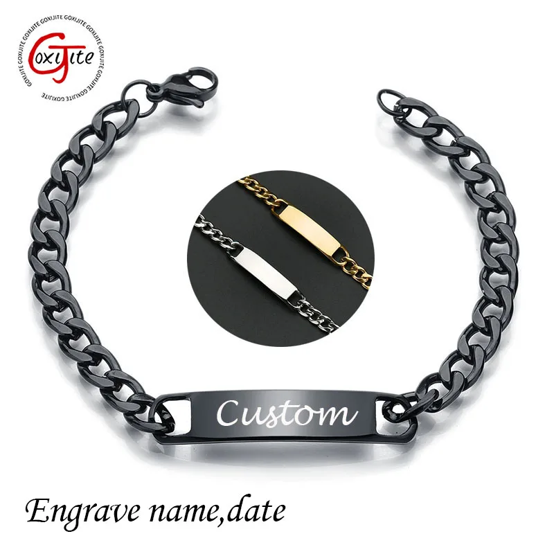 

Goxijite Customized Words Bar Chain Bracelet For Men Stainless Steel Adjustable Engraving Name Black Bangle Party Jewelry