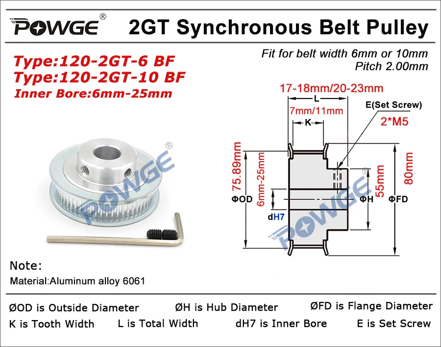 3D Printer Accessories Timing Belt Pulley 120 Teeth 2GT Timing Pulley Bore 6-25mm for GT2 Synchronous belt width 6/10mm