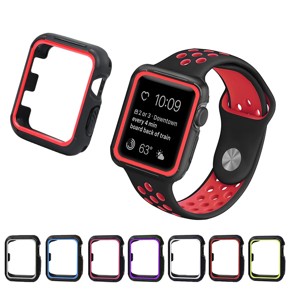 Двойной Цвет TPU Защитный чехол для Apple Watch, 38, 42 мм чехол, версия 1, 2, 3, ремешок силиконовый бампер Защитная крышка для наручных часов iWatch серии 3 Аксессуары для часов