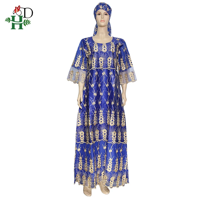 H& D платье с африканскими кружевами для женщин Bazin Dashiki одежда с вышивкой длинные платья размера плюс для девушек 4XL халат Новогоднее фиолетовое платье - Цвет: Синий