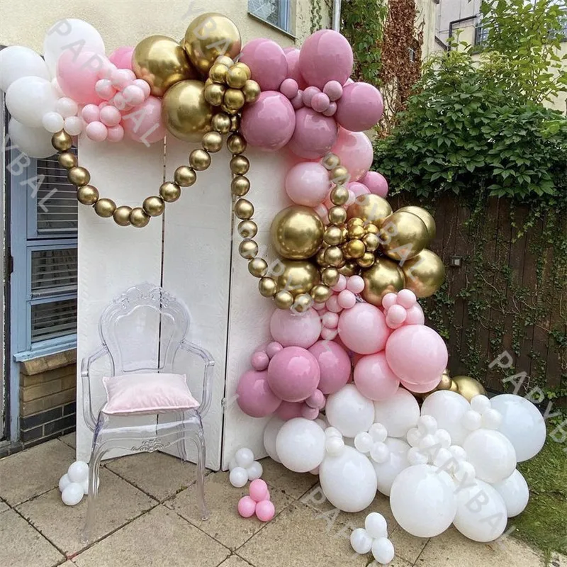 

176Pcs Rose Pink Double Layer Balloon Arch Garland Kit Chrome Gold Latex Balloons For Wedding Birthday Party Decoration