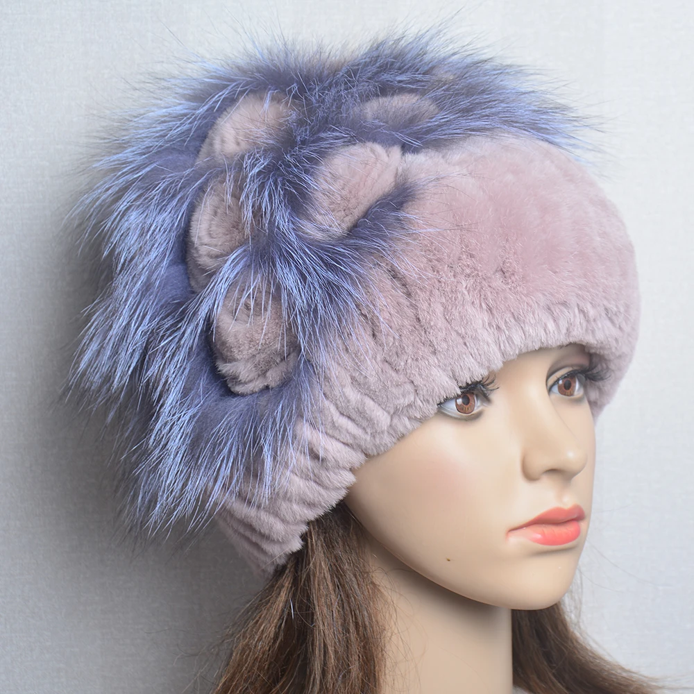 New Real Rex Rabbit Hair Luxury Woman Hat Fox Fur Beanies Caps Winter Women Hats Fashion Lady Warm Rex Rabbit Fur Knitted Hat 6