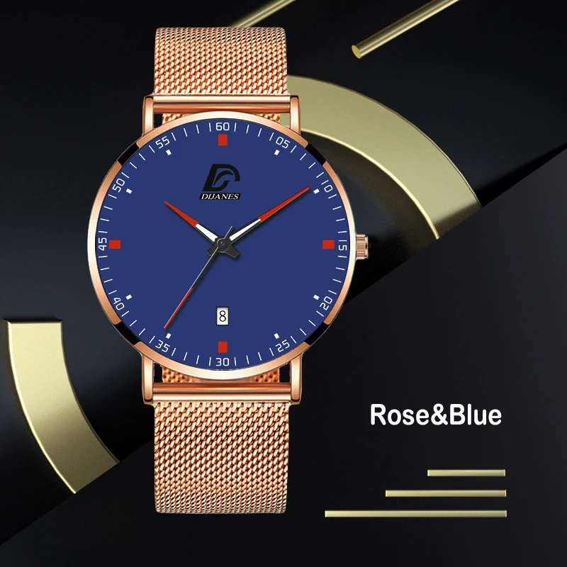 rose gold blue Модные мужские Бизнес минималистичные часы Роскошные ультра тонкие из нержавеющей стали с сетчатым ремешком аналоговые кварцевые часы relogio masculino - Цвет: rose gold blue