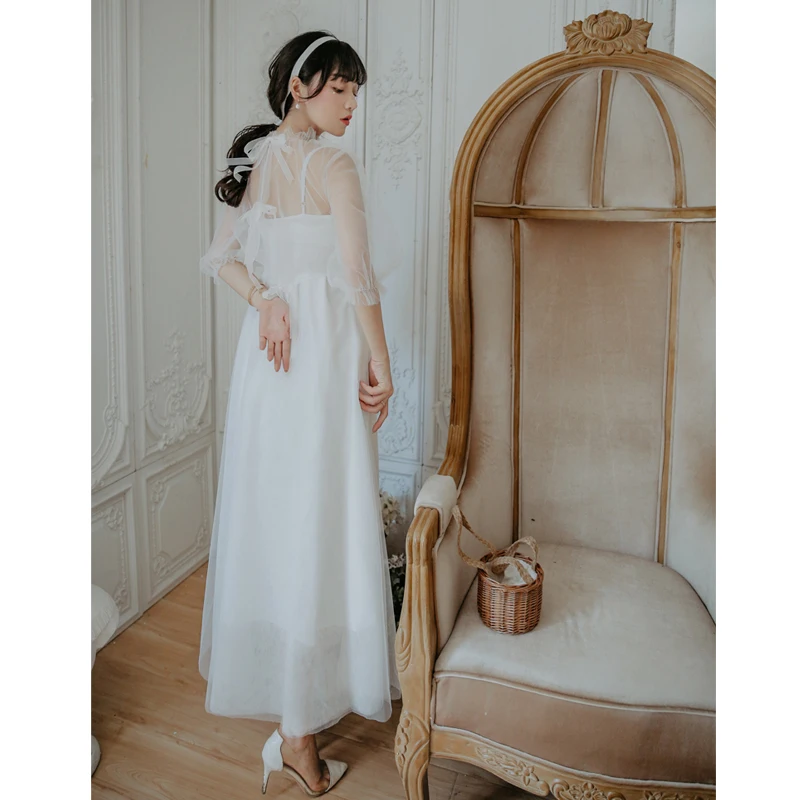 YOSIMI летний комплект одежды из двух предметов, женское элегантное платье без рукавов с v-образным вырезом, белые платья и сетчатая юбка, комплект длиной до щиколотки
