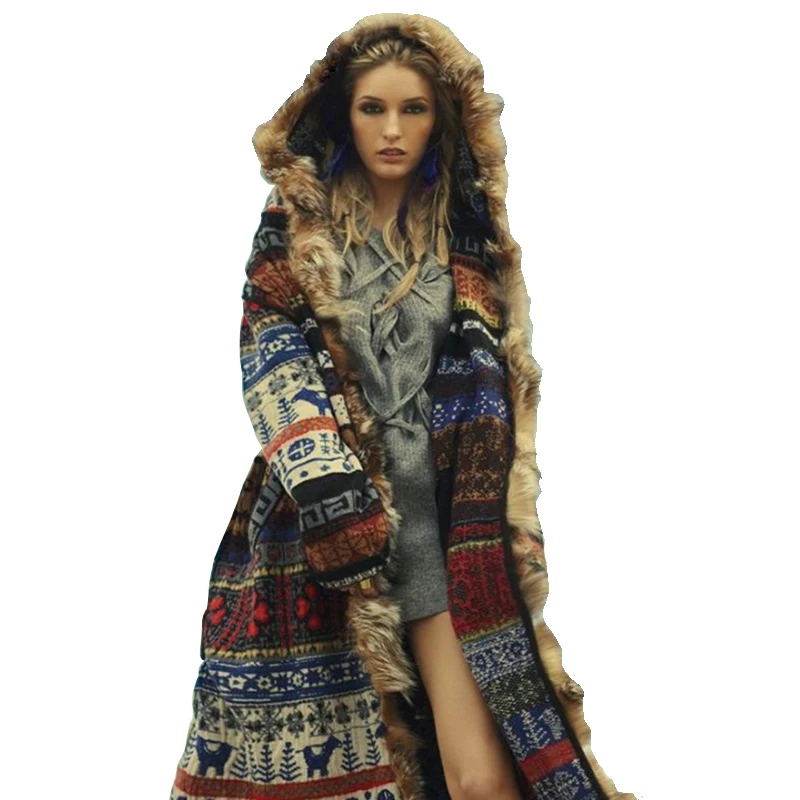 Длинное богемное Женское пальто Bellflower, Осень-зима, плотное вязаное пальто с капюшоном и принтом из искусственного меха, индийские народные пальто для женщин s