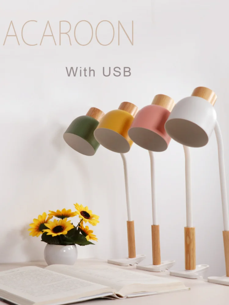 마카롱 테이블 램프 장식 나무 철 홈 독서 조명 LED 다채로운 클립 유형 테이블 조명 LED 5V USB 충전 포트