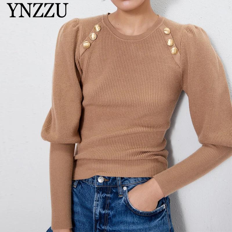 

Women with gold button Sweater 2019 Autumn Winter Solid color Puff sleeve Knitted pullover O-neck Slim Female Jumper YNZZU YT723