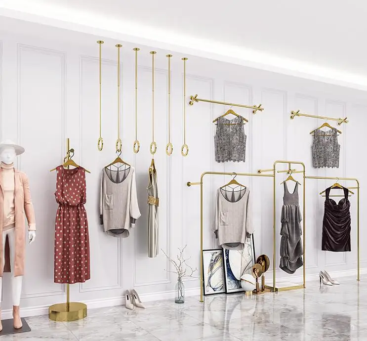 Clothing display rack wall stainless steel gold middle island side hanging shelf of women's clothing store display shelves