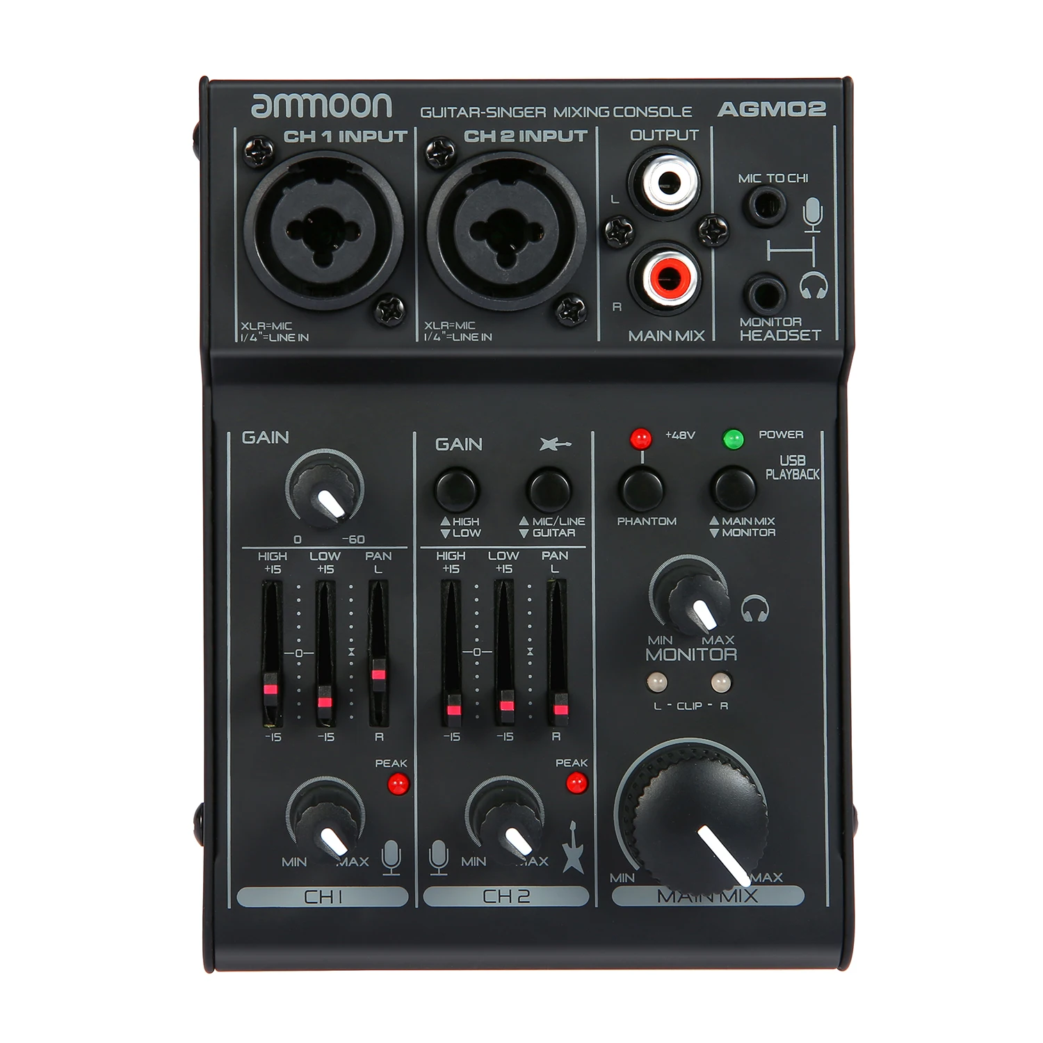 US $57.99 ammoon AGM02 Mini 2Channel Sound Card Mixing Console Digital Audio Mixer 2band EQ Builtin 48V Phantom Power 5V USB Powered