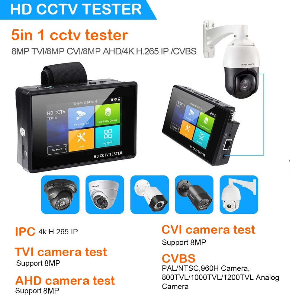 4 дюйма 4 к H265 H264 IP камера тестер 8MP AHD/TVI/CVI CVBS CCTV тестер монитор PTZ контроллер Быстрый ONVIF IPC тестер с портом POE