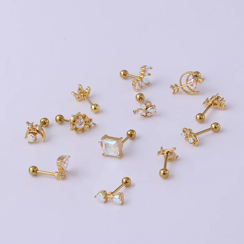 1Pc New Trendy 20G AB Color Crystal Moon Crown Stainless Steel Earrings Helix Cartilage Studs Tragus Ear Piercing - Image 3