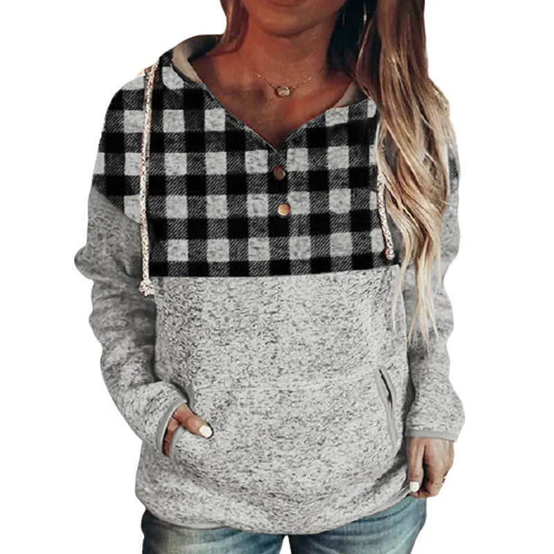 

Hoodies Women Hooded Patchwork Printing Tops Autumn Casual Long Sleeve Drawstring Open Button Collar Front Pocket Pullover Top