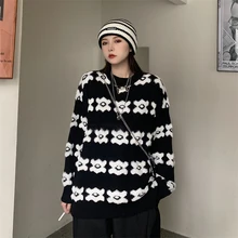 

Korean Chic Winter New Sweet Vintage Floral Pullovers O-Neck Harajuku Lazy Style Keep Warm Full Sleeve Black Knitting Sweater