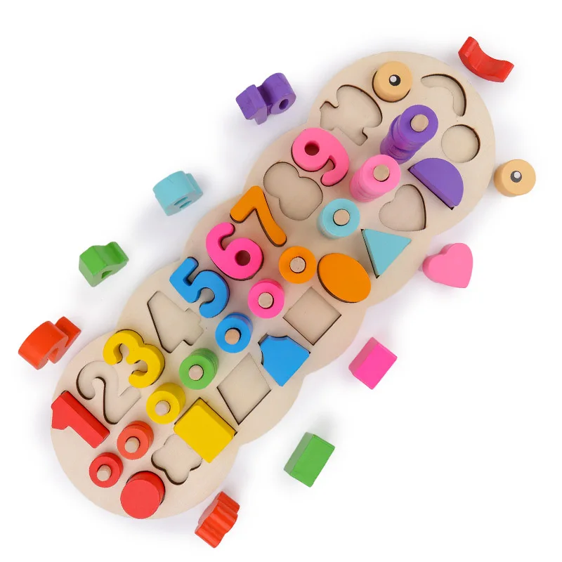 

Children Wooden Caterpillar Numbers Board Building Blocks Toy with Numbers Geometric Shapes Three-in-One Learning Case Column Ji