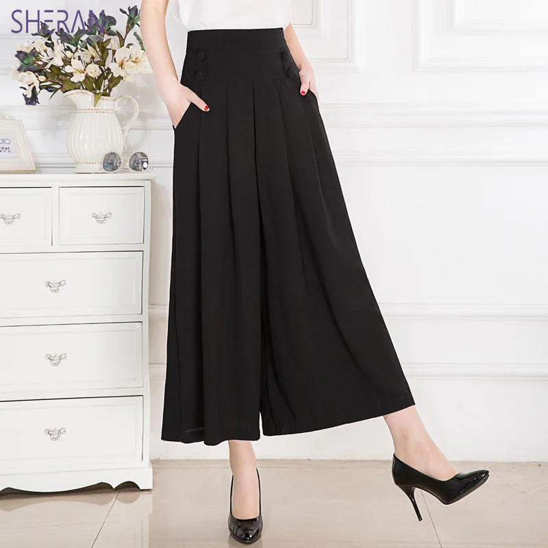 

2020 Summer Elegant Women Trousers Casual Loose Chiffon Calf- Length Pleated Skirt Pants Black Wide Leg Ladies Pants Plus Size
