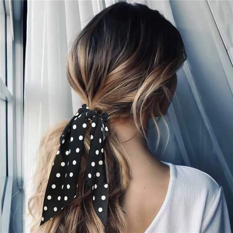 Boho Style Printed Ribbon Bow Hair Scrunchies Elastic Hair Bands Women Elegant Polka Dot Knotted Scarf Hair Accessories Headwear